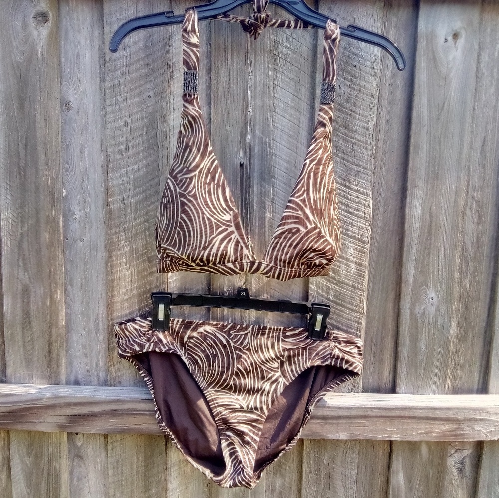 🆕 Jantzen Brown White Bikini Top Bottom Swimsuit